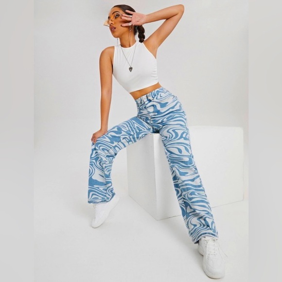SHEIN Teen Blue High Waist Marble Print Denim Jeans - Size 14Y - Picture 1 of 9